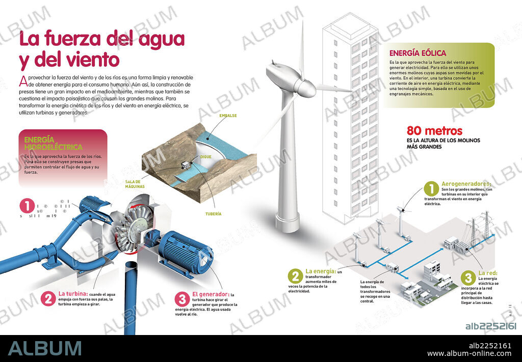 Water and wind force. Infographic that describes ways to generate electricity using Aeolic and hydroelectric power.