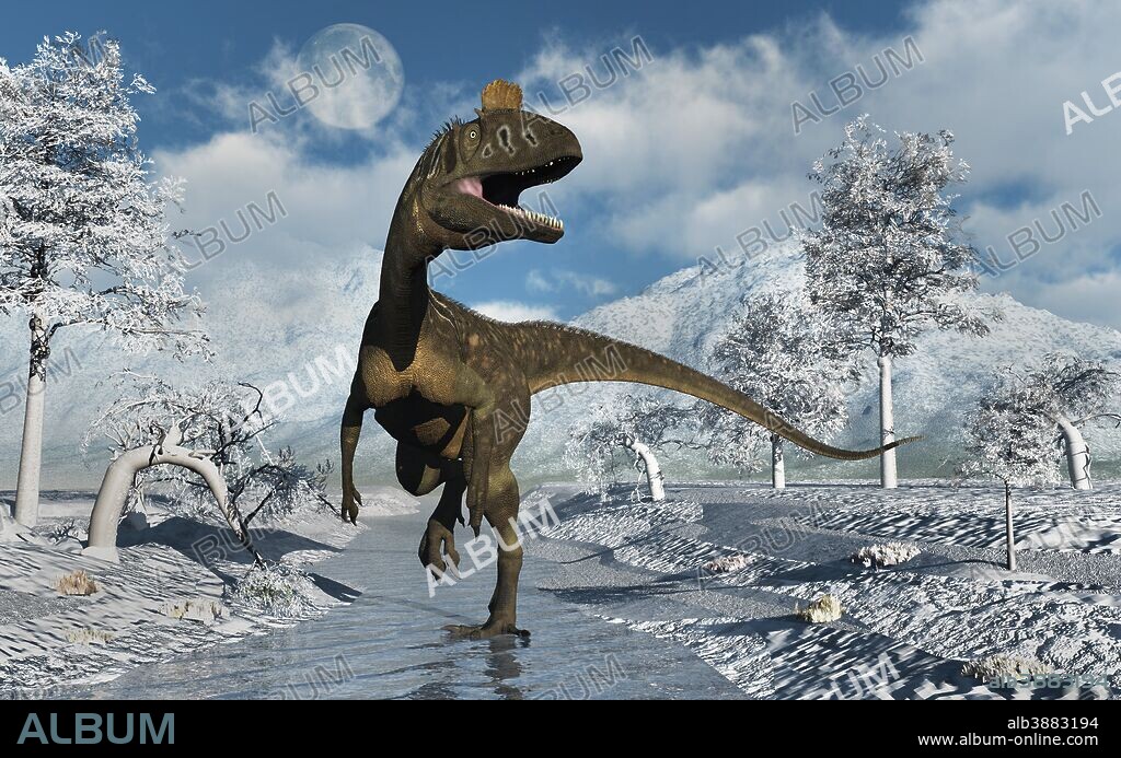 A carnivorous Cryolophosaurus dinosaur walking along a stream during the Jurassic period of modern day Antarctica.