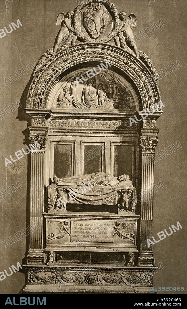 The tomb of Leonardo Bruni (c1369-1444), Basilica of Santa Croce, Florence, 1882. Leonardo Bruni (or Leonardo Aretino) was a leading humanist, historian and a chancellor of Florence. He has been called the first modern historian. From Florence, by Charles Yriarte, translated by CB Pitman and published by Sampson Low (London, 1882).