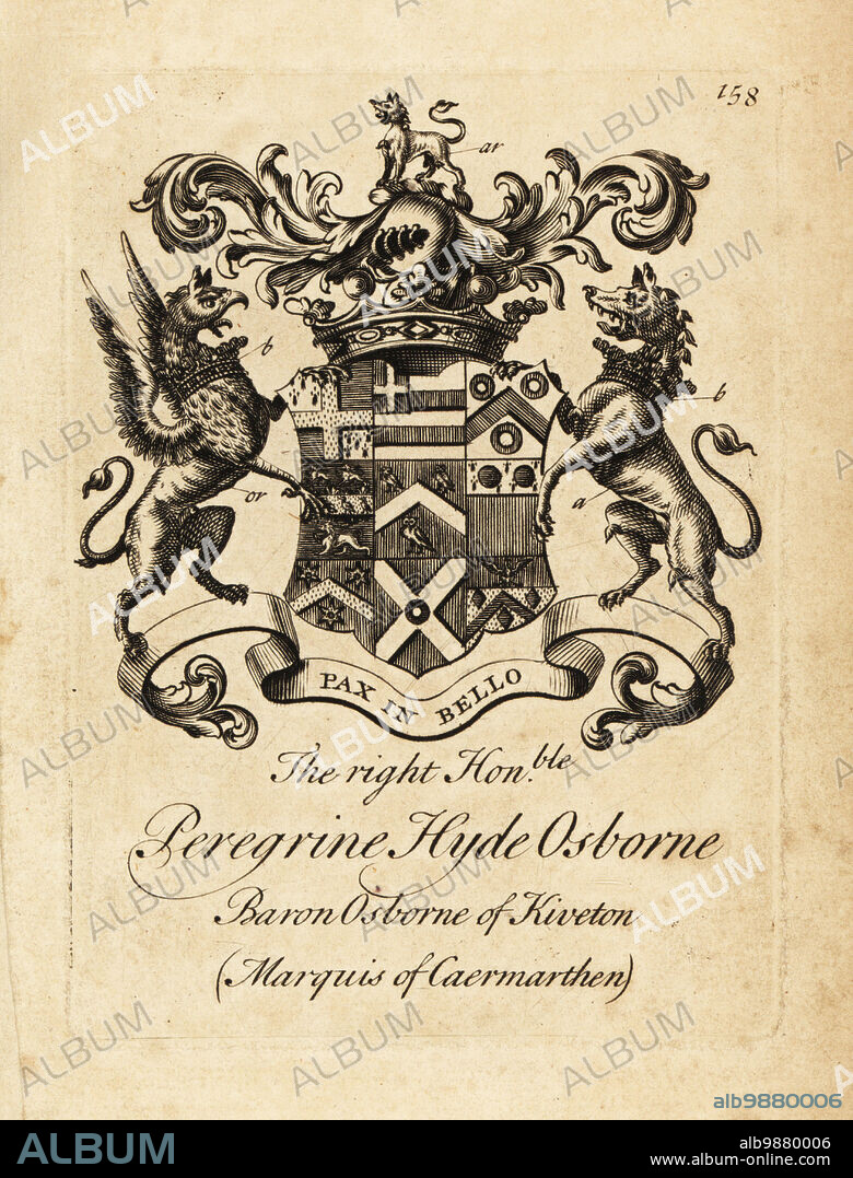 Coat of arms of the Right Honourable Peregrine Hyde Osborne, 2nd Duke of Leeds, Viscount Osborne, Earl of Danby, Marquess of Carmarthen. Copperplate engraving by Andrew Johnston after C. Gardiner from Notitia Anglicana, Shewing the Achievements of all the English Nobility, Andrew Johnson, the Strand, London, 1724.