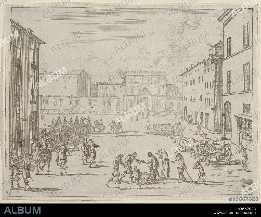 Francesco I d'Este Assists His Subjects with Great Generosity During the Great Famine of 1648 and 1649, from L'Idea di un Principe ed Eroe Cristiano in Francesco I d'Este, di Modena e Reggio Duca VIII [...]. Artist: Bartolomeo Fenice (Fénis). Author: Domenico Gamberti. Dimensions: Sheet: 4 13/16 × 6 5/16 in. (12.3 × 16 cm)
Plate: 4 3/4 × 6 1/4 in. (12 × 15.8 cm). Published in: Modena. Series/Portfolio: L'Idea di un Principe ed Eroe Cristiano in Francesco I d'Este, di Modena e Reggio Duca VIII [...]. Date: 1659.
This print is from L'Idea di un Principe ed Eroe Cristiano in Francesco I d'Este, di Modena e Reggio Duca VIII [...] collected in an album of brown boards. Four prints are hinged on each page of the album with a seventeenth- or eighteenth-century inscription pasted beneath the print on the album page.  The prints are etched in the manner of Callot and illustrate Francesco I d'Este's virtuous nature as a ruler in battle, in religious matters, and in daily life. Three of the prints are signed by Jean Sauvé, who presumably worked with Fenice on the execution of the illustrations for this book. There are sixty-seven copper plates and forty-five preparatory drawings in the Museo Civico di Modena.