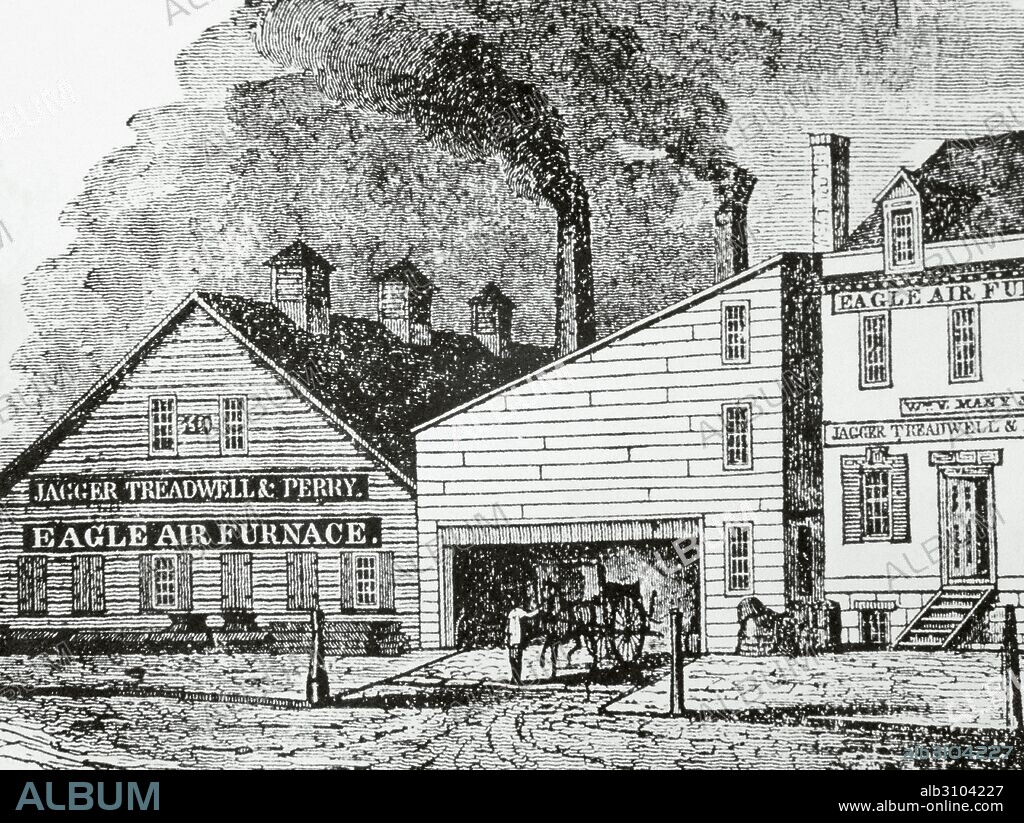 HISTORIA DE LOS ESTADOS UNIDOS. SIGLO XIX. Fábrica "Treadwell and Perry". Albany. Estado de Nueva York. Grabado del siglo XIX.