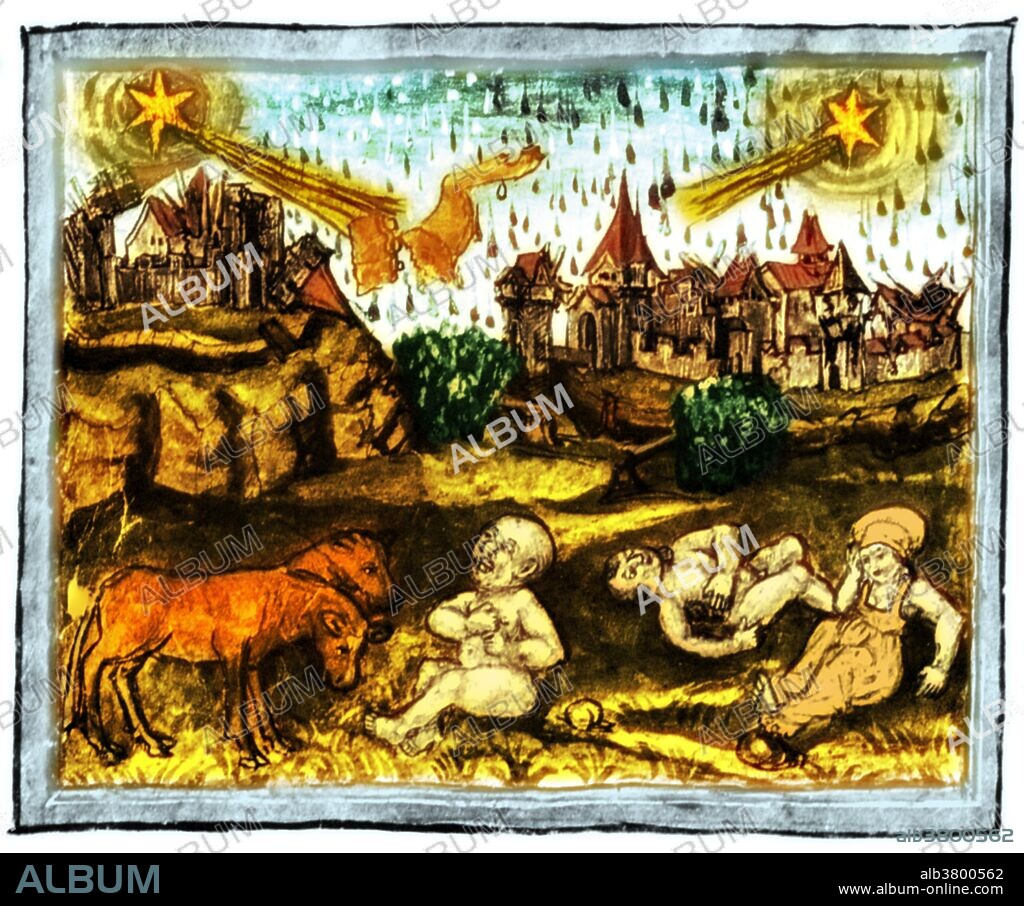 Halley's Comet has been observed and recorded by astronomers since at least 240 BC. This illustration appears in The Luzerner Schilling (Lucerne Chronicle), an illuminated manuscript of 1513, and depicts the apparition of Halley's Comet in 1456. It reflects the medieval perception that the comet is a portent of doom, a bad omen, the cause of plague, famine and blighted crops. Halley's Comet last appeared in the inner Solar System in 1986 and will next appear in 2061.