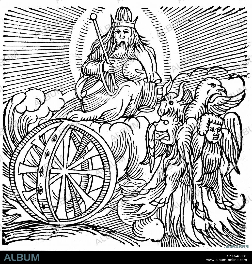 Ezekiel's vision of chariot in sky c.614 BC. Bible Ezekiel II:9. One modern explanation is that Ezekiel, on of four great Hebrew prophets, observed parhelia (mock suns), a phenomenon caused by reflection from water droplets or minute particles in the earth's atmosphere. From Conrad Lycosthenes Prodigiorum ac ostentorum chronicon, Basel, 1557. Woodcut.