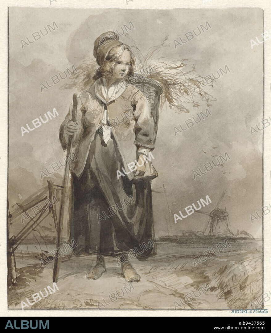 Standing woman with stick and basket on back, Pieter Marinus van de Laar (attributed to), 1834 - 1862, Standing woman with stick and basket on back, in a landscape with a mill in the background., draughtsman: Pieter Marinus van de Laar, (attributed to), 1834 - 1862, paper, pen, brush, h 201 mm × w 171 mm.