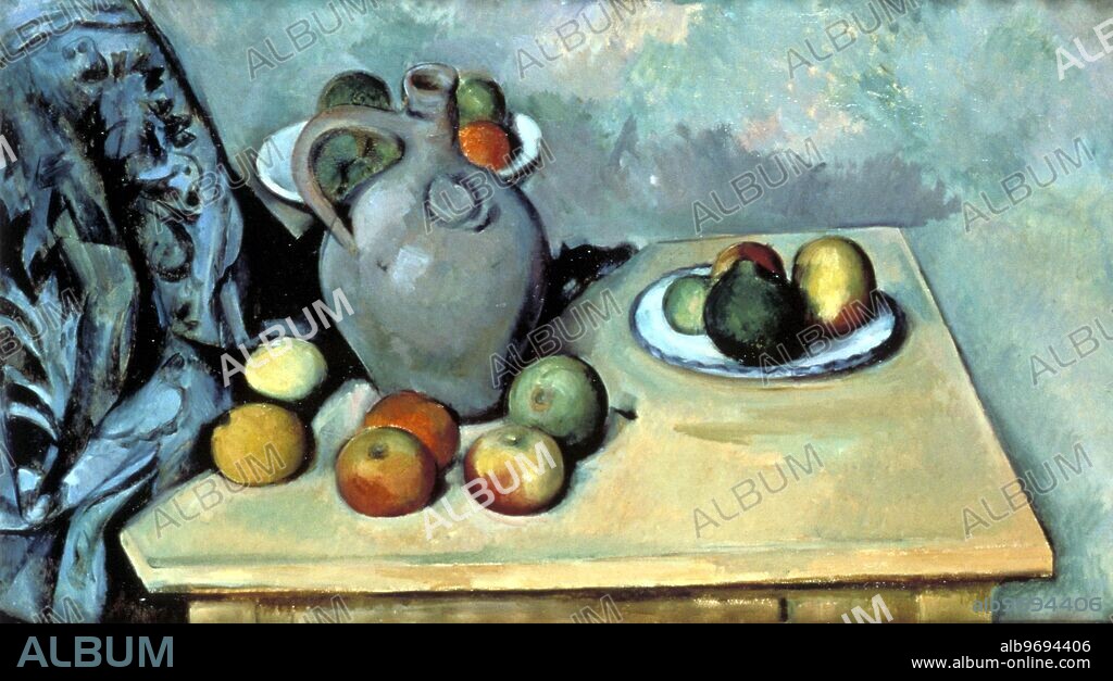 Picher et fruits sur une table - c.1893. Fruit on a Table. Still Life. by Paul Cezanne. Paul Cézanne (January 19, 1839 - October 22, 1906) was a French painter who represents the bridge from impressionism to cubism. Considered the father of modern art.