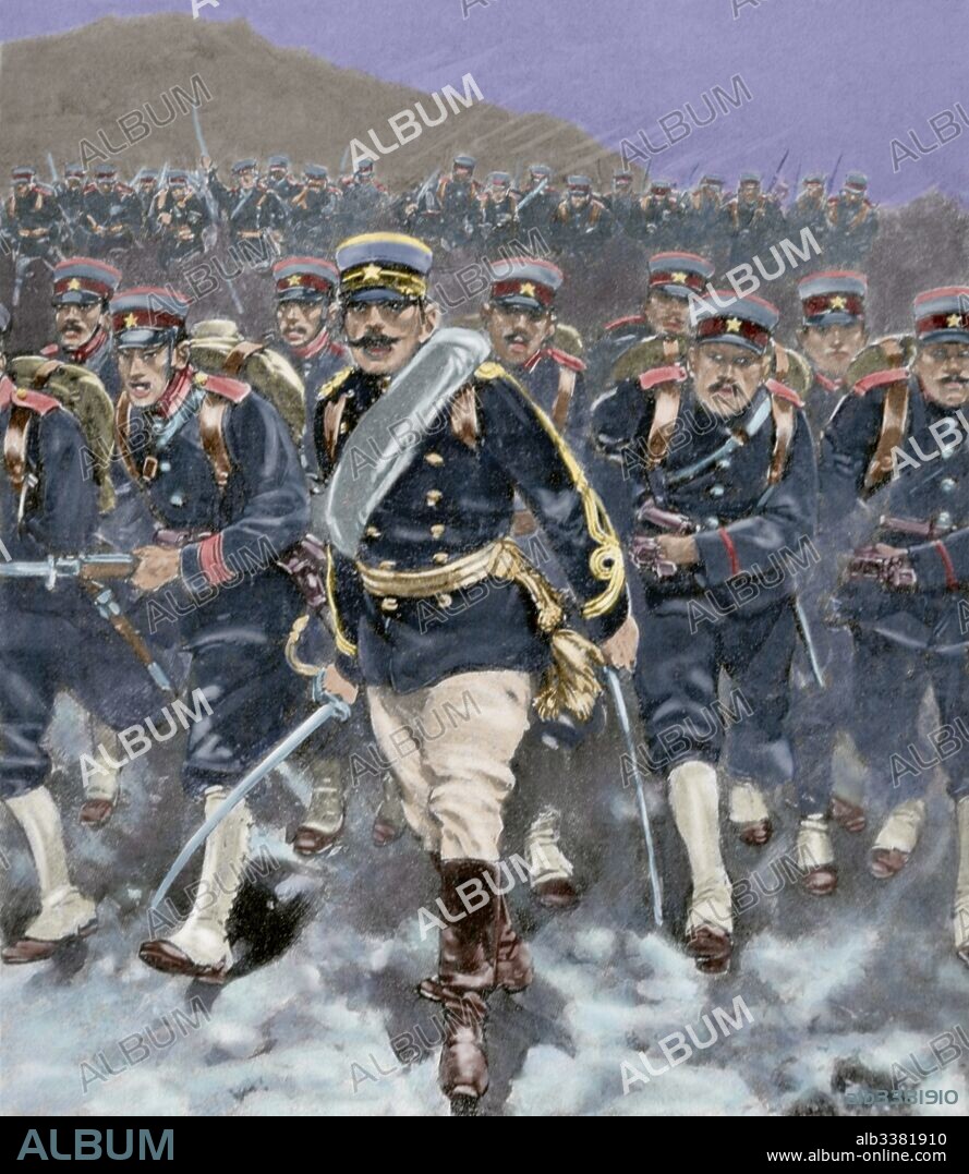GUERRA RUSO-JAPONESA (1904-1905). Japón entró en guerra con Rusia con la finalidad de asegurarse intereses capitales en Corea y sur de Manchuria. "Infanteria Japonesa cargando a la bayoneta". La Ilustración Española y Americana, 1904. Coloración posterior.