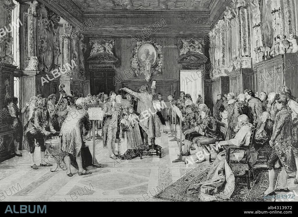 JOSÉ SEVERINI (1838-1882). SPANISH XYLOGRAPH.. Ensayo de una antífona a toda orquesta. Grabado por Severini a partir de un cuadro del pintor español Jiménez Aranda. La Ilustración Española y Americana, suplemento al número XXXVI, septiembre de 1884.