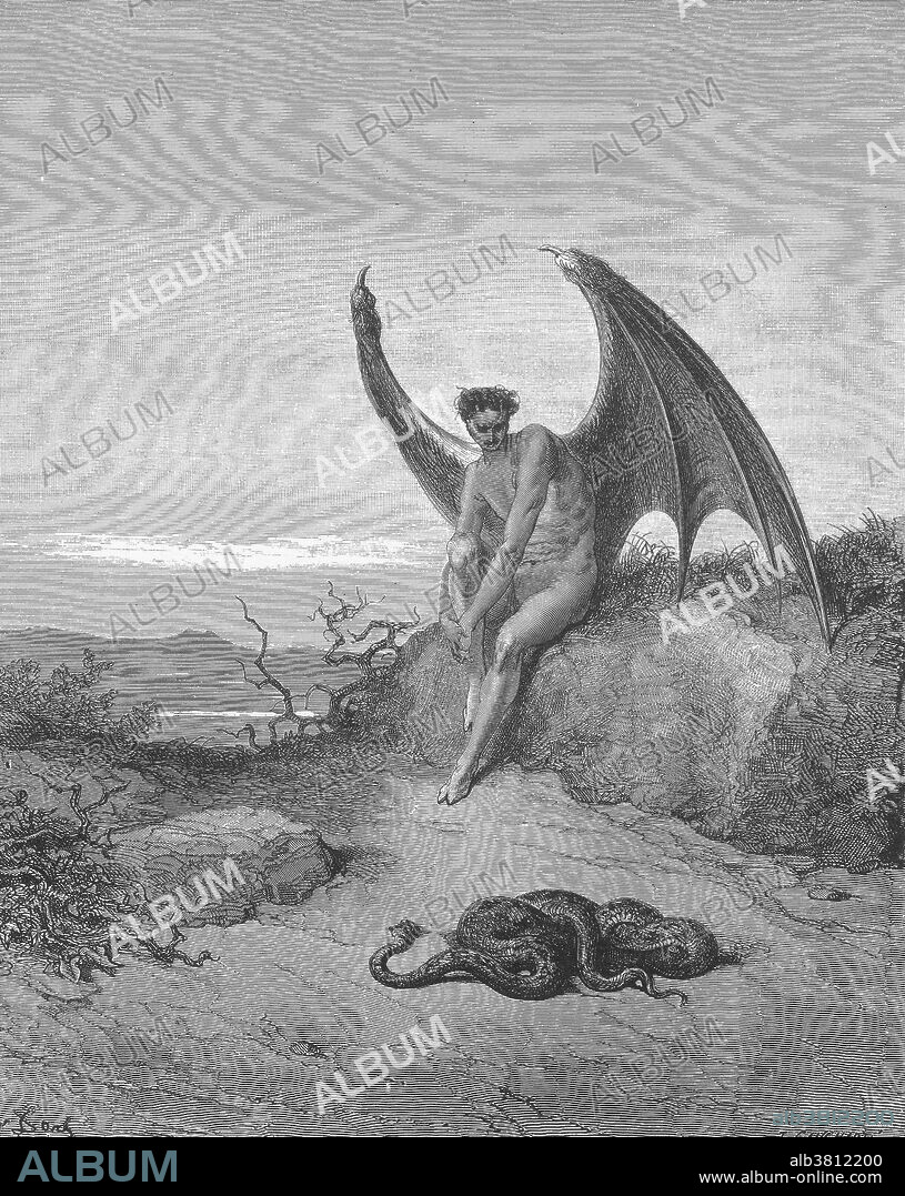 An illustration of Satan finding the serpent, in whom he will hide himself, by Gustave Dore, from John Milton's Paradise Lost, Book 9, lines 182-183: "Him, fast sleeping, soon he found / In labyrinth of many a round, self-rolled.".