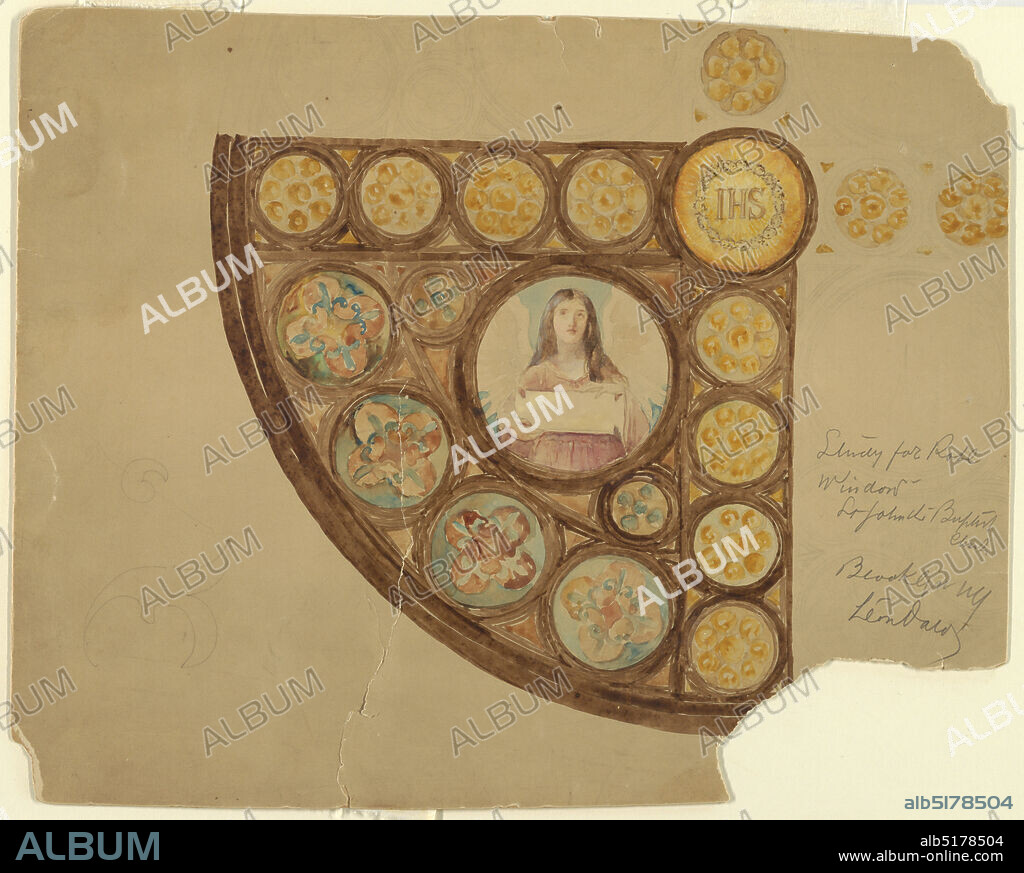 Design for Rose Window, St. John the Baptist, Brooklyn, NY, Leon Dabo, American, 18681960, Brush and watercolor, graphite on beige paperboard, Design shows quarter-circle with half-length figure in roundel in center holding tablet. Border roundels of quatrefoil design and circles. On axis of circle, IHS within sunburst., USA, 1905, architecture, interiors, Drawing, Drawing.