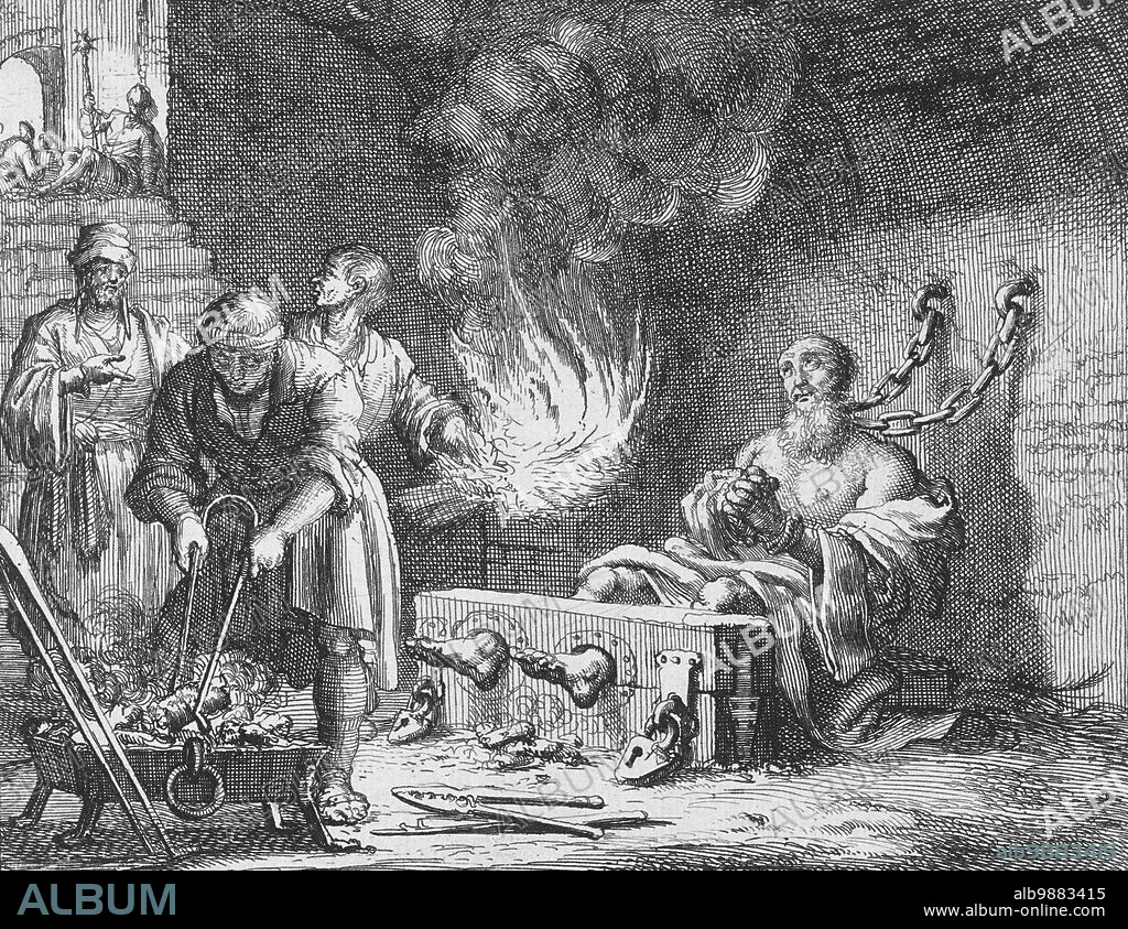 Origen tortured and injured by fire in prison, Origen (185-254) was a Christian scholar and theologian, Historical, digitally restored reproduction from a 19th century original.