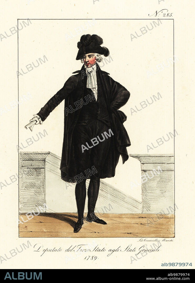 Costume of a Deputy of the Third Estate, or commoners, at the Estates General of 1789, at the start of the French Revolution. In plumed hat, black coat and hose, white cravat and gloves. Depute du Tiers-Etat, aux Etats Generaux. Handcoloured lithograph by Lorenzo Bianchi and Domenico Cuciniello after Hippolyte Lecomte from Costumi civili e militari della monarchia francese dal 1200 al 1820, Naples, 1825. Italian edition of Lecomtes Civilian and military costumes of the French monarchy from 1200 to 1820.