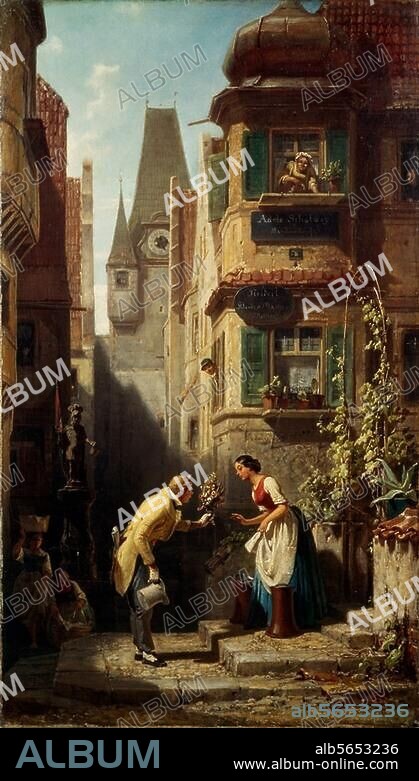 CARL SPITZWEG. Spitzweg, Carl 1808-1885. "Der ewige Hochzeiter", um 1855/58. Öl auf Leinwand, 48,2 × 27,5 cm. Bezeichnet unten rechts: S im Rhombus. Privatbesitz.