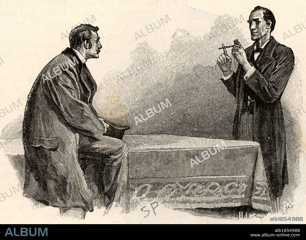 The Adventure of the Yellow Face'. Holmes explaining to Watson what he has deduced from the pipe left behind by a visitor. "The owner is obviously a muscular man, left-handed, with an excellent set of teeth, careless in his habits, and with no need to practise economy". From "The Adventures of Sherlock Holmes" by Conan Doyle from "The Strand Magazine" (London, 1893). Illustration by Sidney E Paget, the first artist to draw Sherlock Holmes. Engraving.  (Photo by: Universal History Archive/UIG via Getty Images).