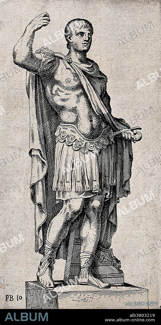 Augustus (63 BC - 14 AD) was the founder of the Roman Empire and its first Emperor, ruling from 27 BC until his death in 14 AD. He was adopted posthumously by his maternal uncle Gaius Julius Caesar in 44 BC following Caesar's assassination. Together with Mark Antony and Marcus Lepidus, he formed the Second Triumvirate to defeat the assassins of Caesar. Augustus restored the outward facade of the free Republic, with governmental power vested in the Roman Senate, the executive magistrates, and the legislative assemblies, but retained autocratic power over the Republic as a military dictator. His reign initiated an era of relative peace known as the Pax Romana. He secured the Empire with a buffer region of client states, and made peace with the Parthian Empire through diplomacy. He reformed the Roman system of taxation, developed networks of roads with an official courier system, established a standing army and the Praetorian Guard, created official police and fire-fighting services for Rome, and rebuilt much of the City. Augustus died of natural causes at the age of 76. Etching by F. Perrier.