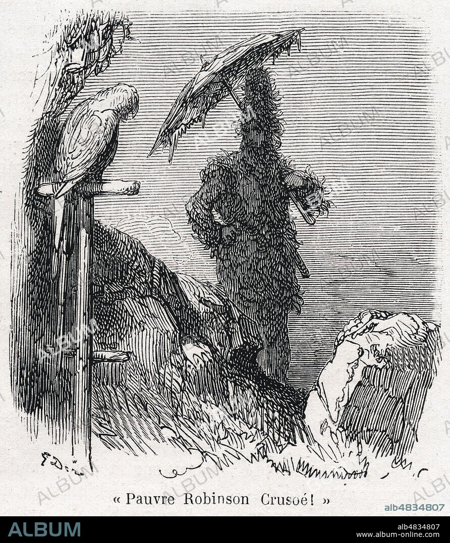 Pauvre Robinson Crusoe!. Illustration de Gustave DORE (1832-1883) pour Les aventures d'Ebenezer Scrooge (Christmas Carol) de Charles DICKENS (1812-1870) repris dans La Semaine des Enfants du 11 avril 1866. Credit : Collection Jonas/KHARBINE-TAPABOR.