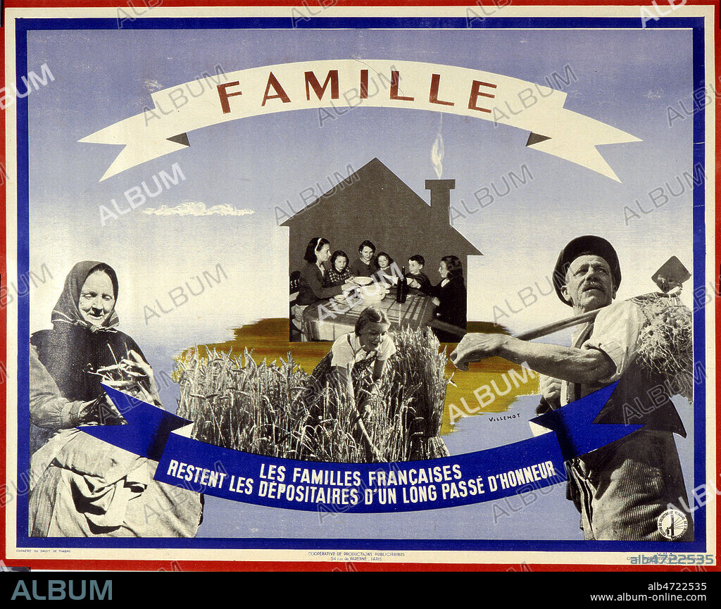 Propagande petainiste : Affiche 'FAMILLE les familles francaises restent les depositaires d'un long passe d'honneur' Serie de trois affiches TRAVAIL FAMILLE PATRIE, voir les deux autres. 1941par Jean VILLEMOT (ADAGP). Credit Collection Dixmier/Kharbine Tapabor.