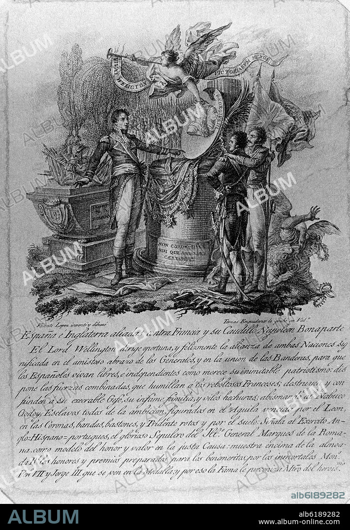 VICENTE LOPEZ PORTAÑA. ESPAÑA E INGLATERRA ALIADAS CONTRA FRANCIA Y SU CAUDILLO NAPOLEON BONAPARTE - GRABADO SIGLO XIX.