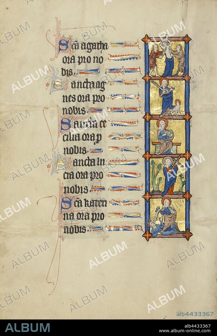 The Martyrdom of Saint Agatha, Saint Agnes, Saint Cecilia, Saint Lucy, Saint Catherine, Unknown, Northeastern France, France, about 1300, Tempera colors, gold leaf, and ink on parchment, Leaf: 26.4 × 18.3 cm (10 3/8 × 7 3/16 in.).