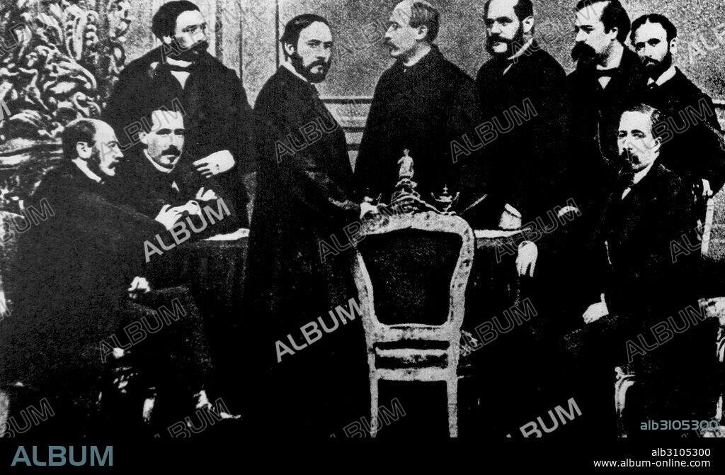 Provisional Government of Spain 1869. Left to right: Figuerola, Ruiz Zorrilla, Sagasta, Prim, Serrano, Topete, López de Ayala, Lorenzana y Romero Ortiz. The Glorious Revolution (Spanish: La Gloriosa) took place in Spain in 1868.