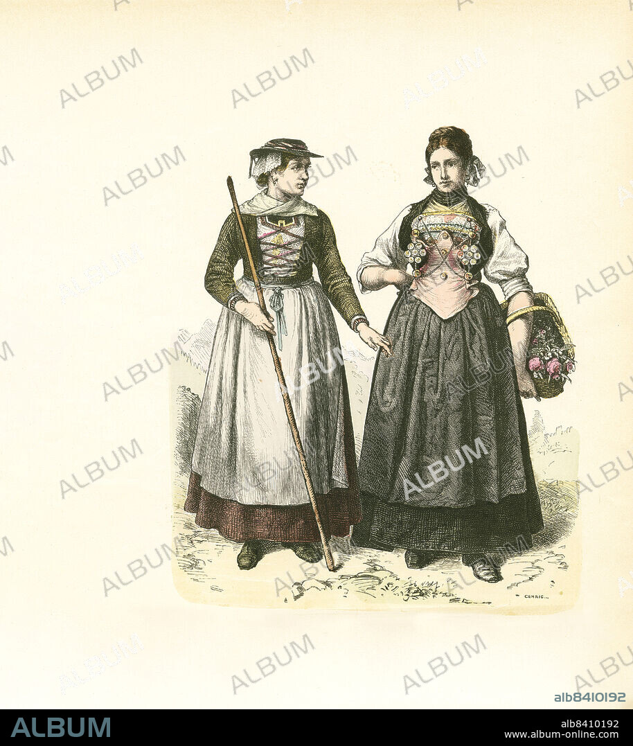 Swiss Folk Dress, Valais, Unterwalden, late 19th Century, Illustration, The History of Costume, Braun & Schneider, Munich, Germany, 1861-1880.