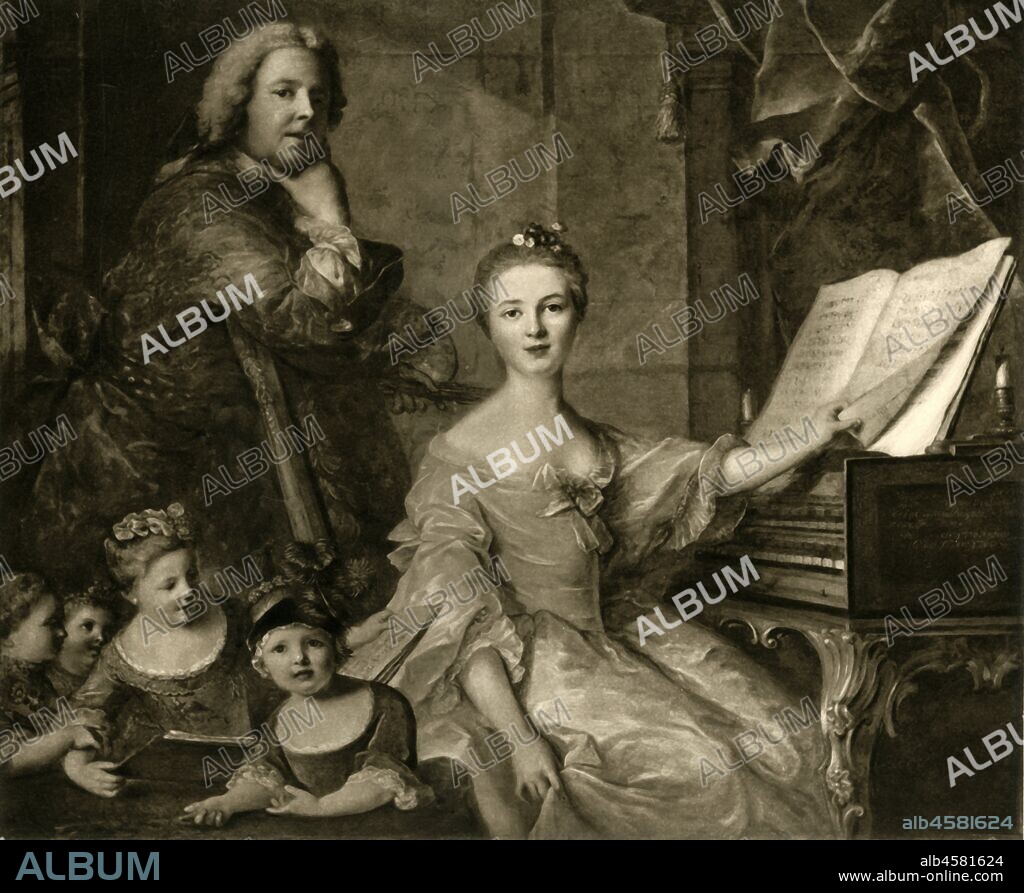 Jean-Marc Nattier and his family, 1730-1762, (1903). 'La Famille Du Peintre', self portrait with his wife and children, by French painter Jean-Marc Nattier (1685-1766), official portraitist to the four daughters of Louis XV. Photogravure after Nattier's painting 'Jean-Marc Nattier et sa famille', in the collection of the palace of Versailles, France. From "La Revue De L'Art Ancien et Moderne" - Volume XIV, July-December 1903, [Paris, 1903].