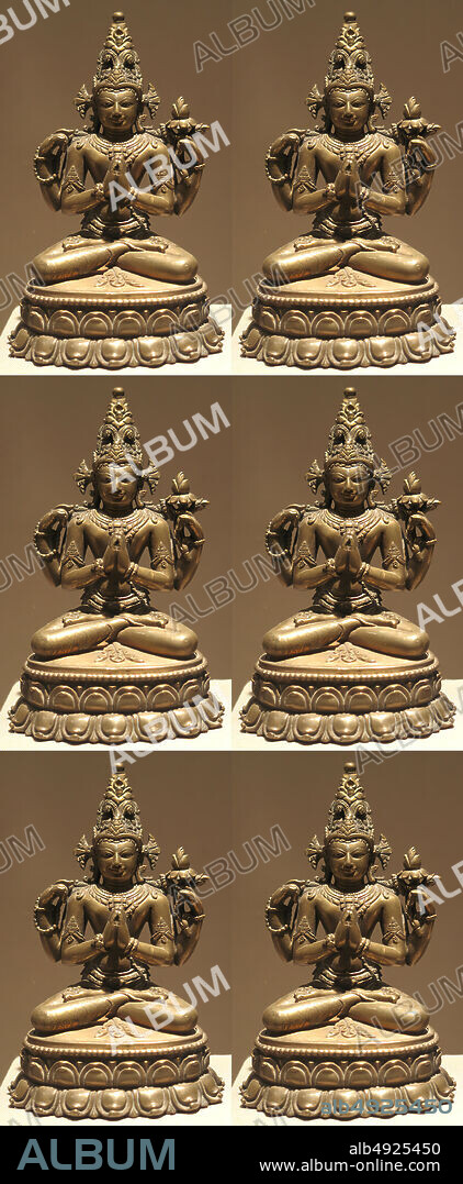 Shadakshari Lokeshvara, India (Bihar), Pala period, Date 12th century, India (Bihar), Bronze with silver and copper inlay, H. 5 1/8 in. (13 cm); W. 3 1/4 in. (8.3 cm); D. 2 7/8 in. (7.3 cm), Sculpture.