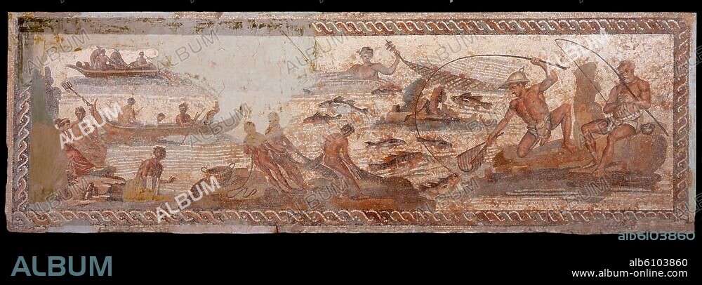 Römisch, 3.Jahrhundert.-Große Fischfangszene (Fischfang am Nil mit Netzen, Angeln und Kescher).-Mosaik, 118 x 380 cm. Aus der sog. Nilvilla in Leptis Magna (Tripolitanien, Libyen).