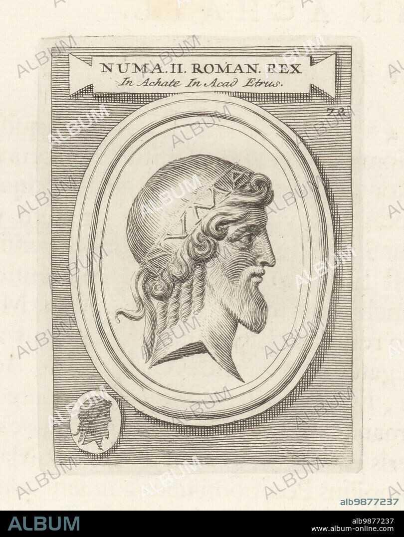 Numa Pompilius, legendary second king of Rome, c.753672 BC. Bearded man in daidem. From an engraved agate gem. Numa II Roman Rex in Achate in Acad. Etrus. Copperplate engraving from Francesco Valesio, Antonio Gori and Ridolfino Venutis Academia Etrusca, Museum Cortonense in quo Vetera Monumenta, (Etruscan Academy or Museum of Cortona), Faustus Amideus, Rome, 1750.