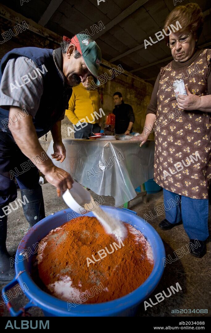 Preparacion y adobo de la sobrasada.Matanza del Cerdo. Algaida. Comarca de Es Pla. Mallorca.Balearic Islands. Spain.