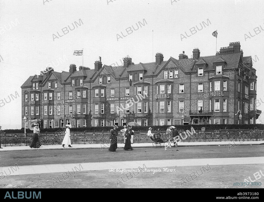 Kimbers Hotel, Cliftonville, Margate, Kent, 1890-1910. A row of terraced hotels in Cliftonville, Margate. In the foreground there is a boy on a model hackney carriage which is pulled by a goat.