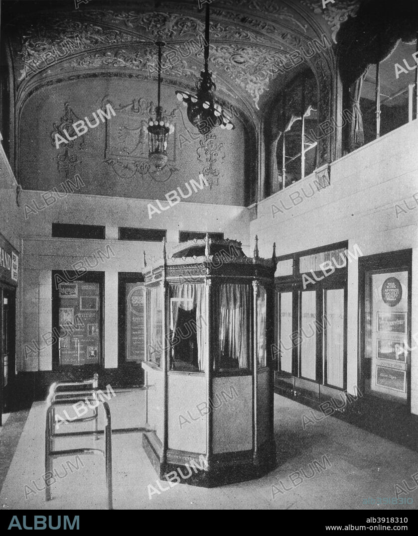 Ticket booth and lobby, World Theater, Omaha, Nebraska, 1925. The World Theater was a vaudeville theatre amd cinema which opened in 1922. The architect was Charles Howard Crane. From The Architectural Forum Volume XLII. [Rogers and Manson, New York, 1925].