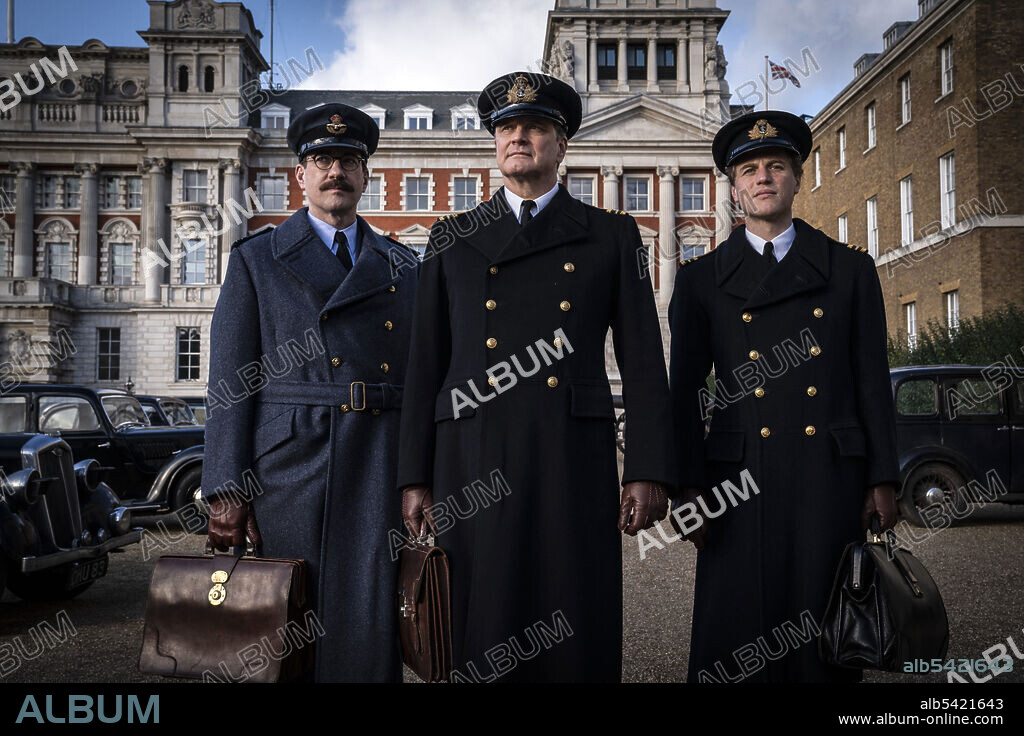 COLIN FIRTH, JOHNNY FLYNN and MATTHEW MACFADYEN in OPERATION MINCEMEAT, 2022, directed by JOHN MADDEN. Copyright SEE-SAW FILMS.
