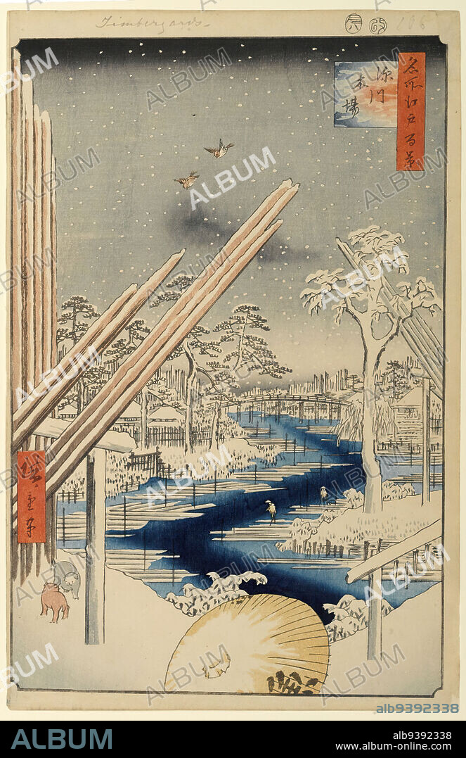 Fukagawa Lumberyards, No. 106 from One Hundred Famous Views of Edo, Utagawa Hiroshige, Ando, Japanese, 1797-1858, Woodblock print, Japan, 8th month of 1856, Edo Period, Ansei Era, Sheet: 14 3/16 x 9 1/4 in., 36 x 23.5 cm, 19th Century, calmness, edo, fauna, flora, harmony, hiroshige, japanese, landscape, lumber, meditative, meisho-e, minimal, nature, snow, tokyo, trees, ukiyo-e, water, winter, woodblock.