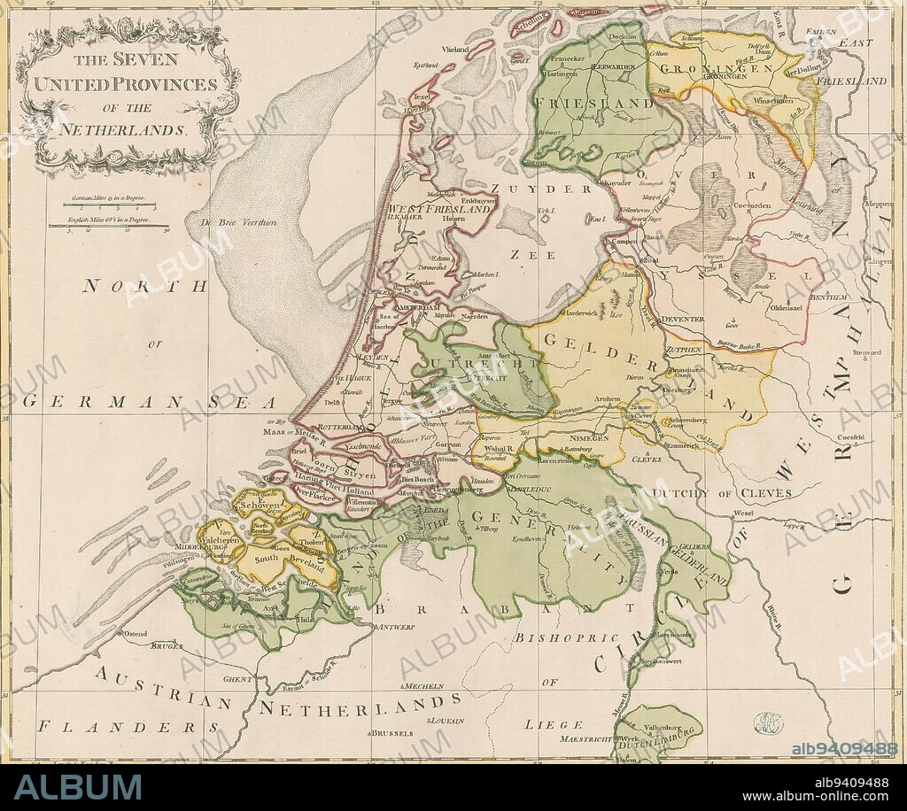 Map of the Republic of the Seven United Netherlands, The Seven Provinces of the Netherlands (title on object), Top left cartouche with title. Below, scale bar: German miles 15 in a degree, English miles 69.5 in a degree. The map is provided with a coordinate net and a degree division along the edges., print maker: John Lodge (I), (mentioned on object), print maker: John Lodge (II), (mentioned on object), print maker: London, print maker: Islington, c. 1780, paper, engraving, height 453 mm × width 541 mm.