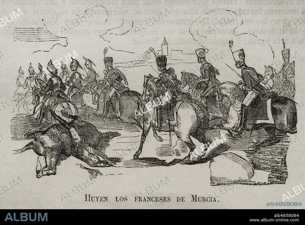 Guerra de la Independencia (1808-1814). El General del ejército francés Horacio Sebastiani, llegado desde Lorca, tomó la ciudad de Murcia, prácticamente despoblada, el 23 de abril de 1810, sin ningún tipo de resistencia. Exigió fuertes contribuciones al regidor Elgueta con la amenaza de saquear la ciudad en caso de negarse a darle lo solicitado. Elgueta recaudó de los comerciantes solo una pequeña parte de lo exigido, por lo que la ciudad fué saqueada durante la noche y abandonada al amanecer por los franceses dado que por el curso de la guerra consideraron prioritario dirigirse hacia Andalucía. Huyen los franceses de Murcia. Grabado. Historia del Levantamiento, Guerra y Revolución de España, por el Conde de Toreno. Madrid,1851.