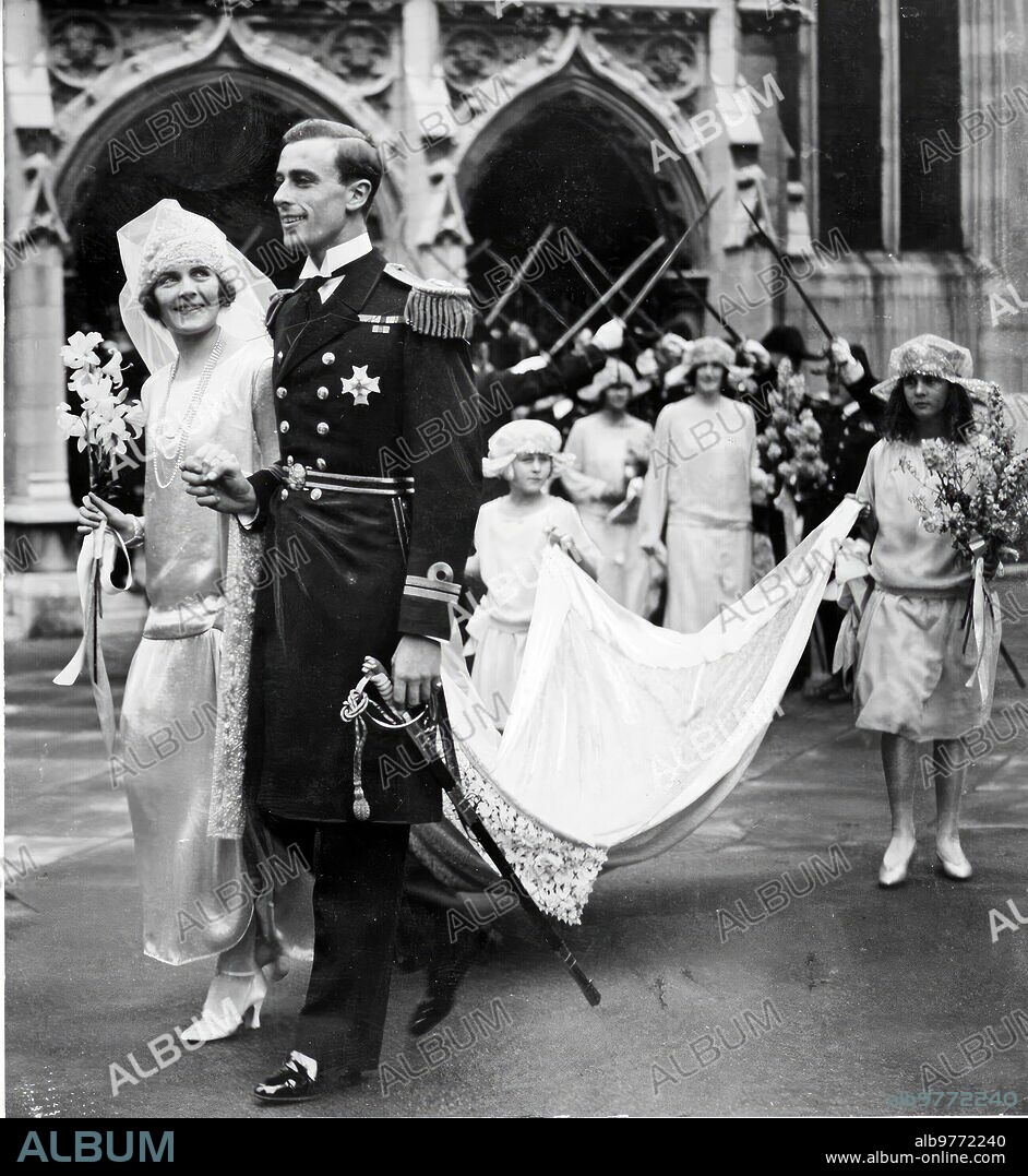 July 17, 1922. England. Aristocratic Wedding. Lord Louis Mountbatten, cousin of the Queen of Spain, and Miss Edwina Ashley leaving St. Margaret's, Westminster.