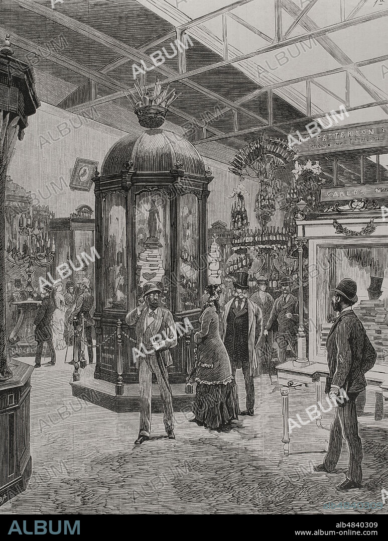 JOSE LUIS PELLICER Y FENYÉ (1842-1901). SPANISH ARTIST.. History of France. Paris. Universal Exhibition of 1878. It was held from May 1 to November 10, 1878. Hall Fifth of the Spanish section in the Palace of the Champ de Mars. Products of the Antilles. Drawing from life by Pellicer. Engraving. La Ilustración Española y Americana, 1878.