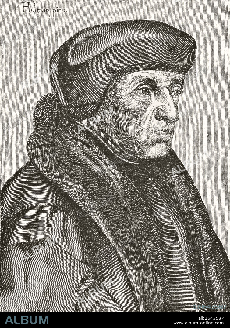 Desiderius Erasmus 1469 to 1536 after 16th century wood engraving of a painting by Holbein From Science and Literature in The Middle Ages by Paul Lacroix published London 1878.