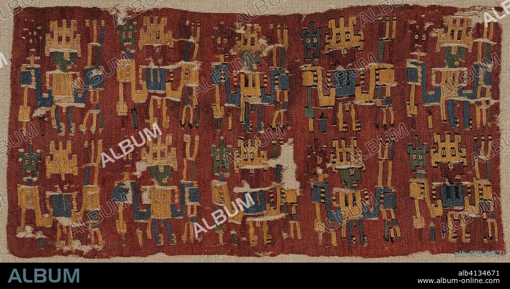 Fragment. Nazca; Possibly Nazca Valley, south coast, Peru. Date: 500 AD-600 AD. Dimensions: . Cotton and wool (camelid), slit tapestry weave with interlaced outlining wefts. Origin: Peru.