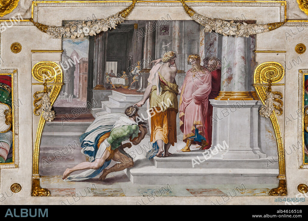 Bologna Palazzo Poggi, Room of Ulysses: vault with episodes of the Odyssey. Detail of Ulysses at the court of Alcinous, king of Phaeax.. Frescoes by Pellegrino Tibaldi, 1550 - 1551.