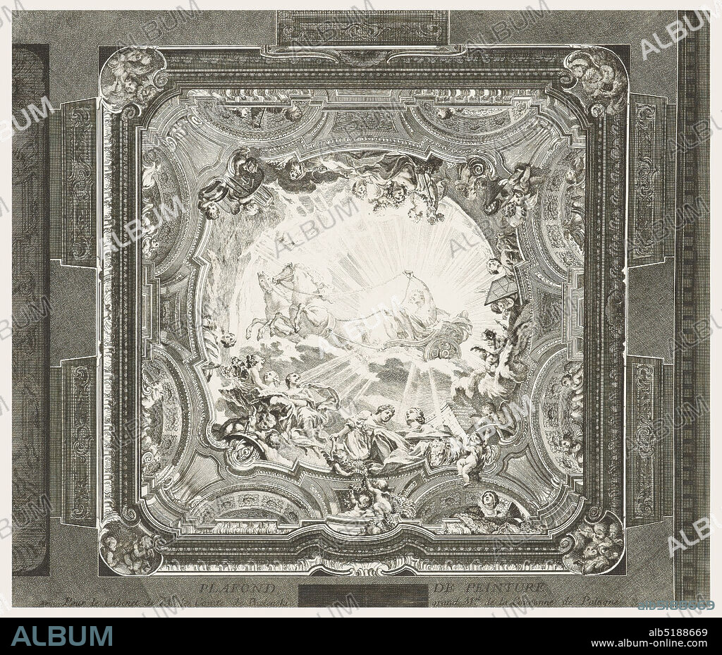 PLAFOND DE PEINTURE; Plafond du même cabinet, 4th Plate, Juste-Aurèle Meissonnier, French, b. Italy, 16951750, Gabriel Huquier, French, 16951772, Pierre-Alexandre Aveline, French, 17021760, Engraving on white laid paper, Engraving (square) for the ceiling of Count Bielinski's cabinet. Large central roundel shows a sunburst as background for a mythological scene. A chariot, drawn by two horses and driven by a man is surrounded by female figures, putti, garlands and fruits. Cartouches at the four corners are decorated with putti. On lower border of engraving is written, to left and right of center: PLAFOND DE PEINTURE/Pour le Cabinet de Mr. le Comte de Bielinski grand M.al de la Couronne de Pologne, Paris, France, 1740, interiors, Print, Print.
