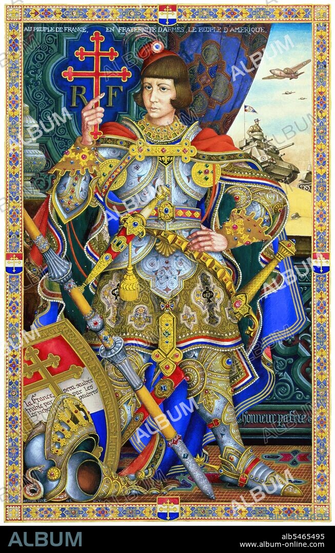 Saint Joan of Arc, nicknamed 'The Maid of Orléans' (French: Jeanne d'Arc, ca. 1412 – 30 May 1431), is considered a national heroine of France and a Catholic saint. A peasant girl born in eastern France who claimed divine guidance, she led the French army to several important victories during the Hundred Years' War, which paved the way for the coronation of Charles VII. She was captured by the Burgundians, sold to the English, tried by an ecclesiastical court, and burned at the stake when she was 19 years old. Twenty-five years after the execution, Pope Callixtus III examined the trial, pronounced her innocent and declared her a martyr. Joan of Arc was beatified in 1909 and canonized in 1920. She is – along with St. Denis, St. Martin of Tours, St. Louis IX, and St. Theresa of Lisieux – one of the patron saints of France. Joan asserted that she had visions from God that instructed her to recover her homeland from English domination late in the Hundred Years' War. The uncrowned King Charles VII sent her to the siege of Orléans as part of a relief mission. She gained prominence when she overcame the dismissive attitude of veteran commanders and lifted the siege in only nine days. Several more swift victories led to Charles VII's coronation at Reims and settled the disputed succession to the throne. Joan of Arc has remained a significant figure in Western culture down to the present day. Arthur Szyk (American, b. Poland, 1894–1951) is remembered today as an artist and illustrator whose work ranged from illustrations for traditional Jewish and Polish folktales and religious texts to watercolor designs for political cartoons that were regularly featured on the cover of Collier’s magazine throughout the 1930s and 1940s.