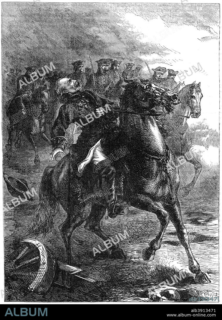 The death of the Duke of Berwick (1670-1734) at the siege of Philippsburg, Germany, 1734 (19th century). James FitzJames, 1st Duke of Berwick, was a French military leader and the illegitimate son of King James II of England by Arabella Churchill, sister of the 1st Duke of Marlborough. From Cassell's Illustrated History of England, volume IV, published by Cassell, Petter, Galpin and Co. (London, Paris and New York, 19th century).