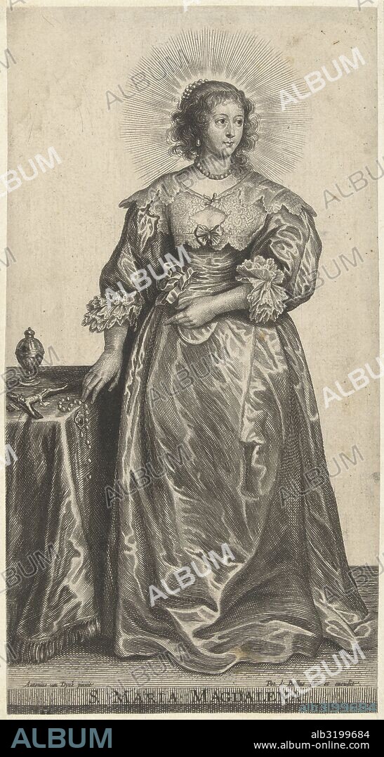 Mary Magdalene as richly dressed woman for conversion, print maker: Pieter de Bailliu I, Anthony van Dyck, Pieter de Bailliu I, 1623 - 1660.