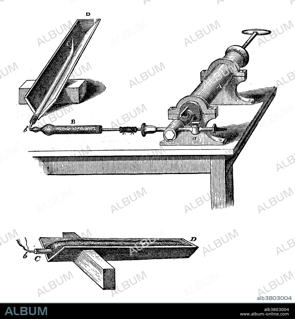 Liebig's combination tube and arrangement for drying contents by heat and evacuation before starting analysis. Illustration from 1853. Justus von Liebig (1803-1873) was a German chemist and professor who made major contributions to agricultural and biological chemistry, and was considered the founder of organic chemistry.
