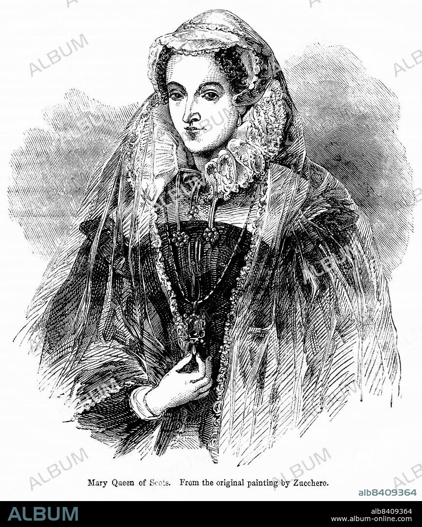 Mary Queen of Scots. From the original painting by Zucchero, Illustration from the Book, John CasselÄôs Illustrated History of England, Volume II, text by William Howitt, Cassell, Petter, and Galpin, London, 1858.