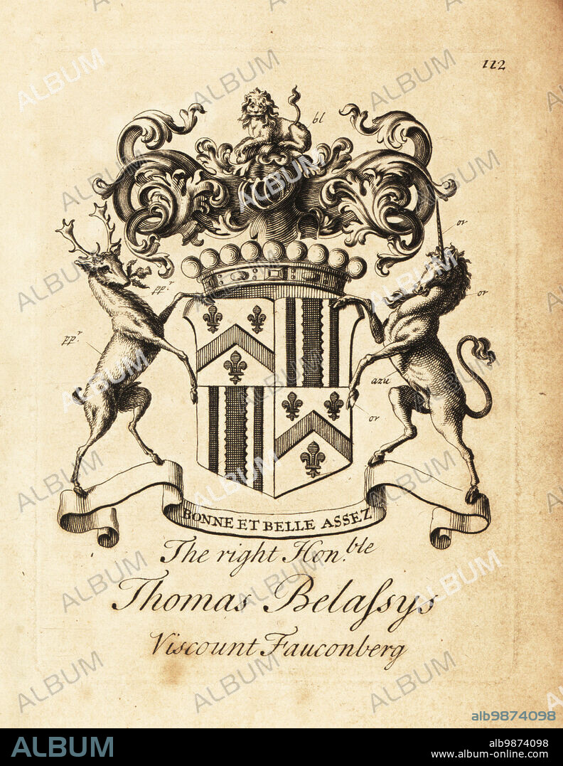 Coat of arms of the Right Honourable Thomas Belasyse, Earl Fauconberg or Thomas Belassys, Viscount Fauconberg (1699-1774). Copperplate engraving by Andrew Johnston after C. Gardiner from Notitia Anglicana, Shewing the Achievements of all the English Nobility, Andrew Johnson, the Strand, London, 1724.