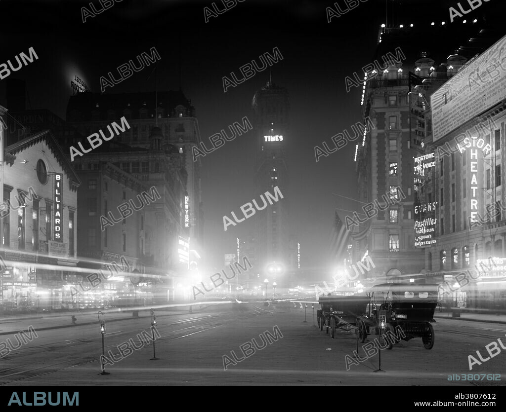 Times Building in center, Hotel Rector (left), Hotel Astor (right), and Astor Theatre. The Times Building was completed in 1904 to serve as the new headquarters of The New York Times. The Times stayed in the building for less than 10 years before moving to a new building on 229 West 43rd Street. Hotel Astor was in operation from 1904-67. The 35,000 square feet hotel was built in two stages, in 1905 and 1909-10, by the same architects in the same style. The structure occupied an entire city block at a reported total cost of $7 million. The Hotel Claridge was a 16 story building on at the southeast corner of Broadway and 44th Street. Originally known as the Hotel Rector, it was built of brick in the Beaux-arts style in 1910-11. It operated for 61 years until it was demolished in 1972. The Astor Theatre was located at 1537 Broadway, at West 45th Street and designed by architect George W. Keister. It was demolished in 1982 to make way for the Marriott Marquis Hotel.