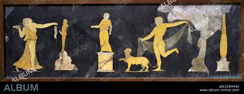 Scene dionisian. Dancing Maenad near Priapus statue, panther and satyr. Opus Sectile. Casa dei Capitelli. Pompeii. 1st century. National Archaeological Museum. Naples. Italy.